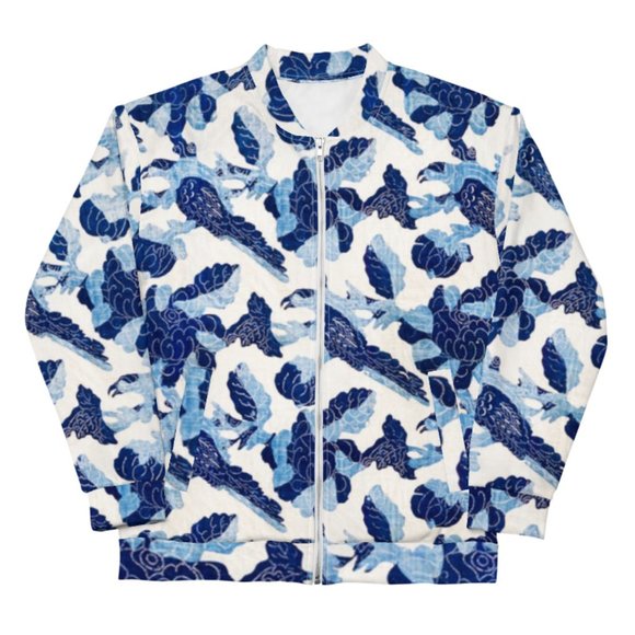 Bird And Flower Pattern Blue White Motif Bomber Jackets. - Picture 5 of 6